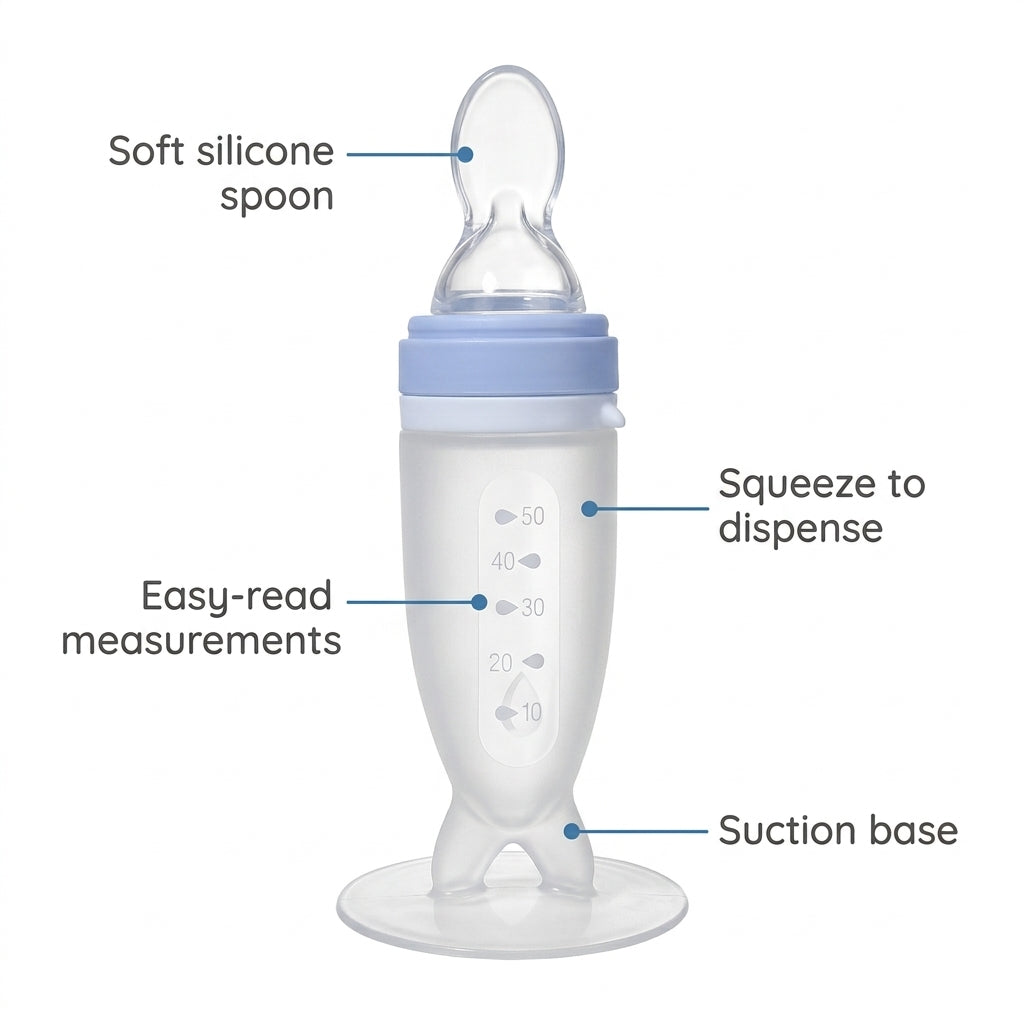 Nomly squeeze spoon feeder parts: soft silicone spoon, squeeze body, measurements and suction base