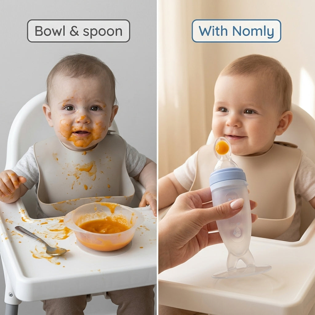 Bowl and spoon mess compared with clean feeding using Nomly