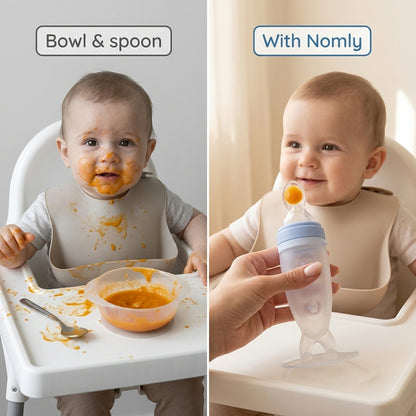 Bowl and spoon mess compared with clean feeding using Nomly