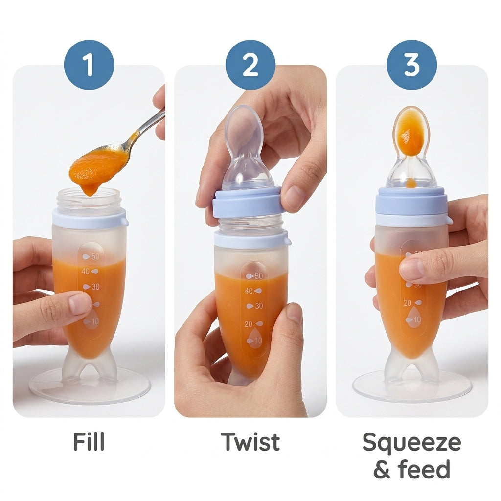 How to use Nomly: fill, twist, squeeze and feed