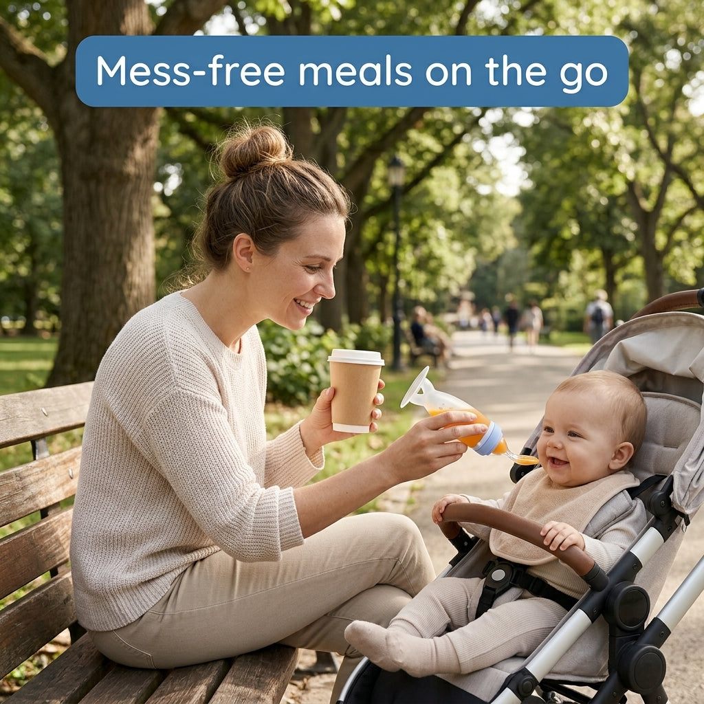 Mother feeding her baby in a stroller with Nomly at the park